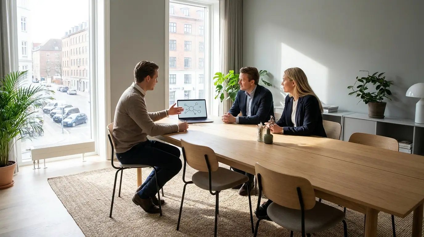 Beslutningstagere drøfter forskellen mellem managed service provider og IT-leverandør i moderne kontormiljø
