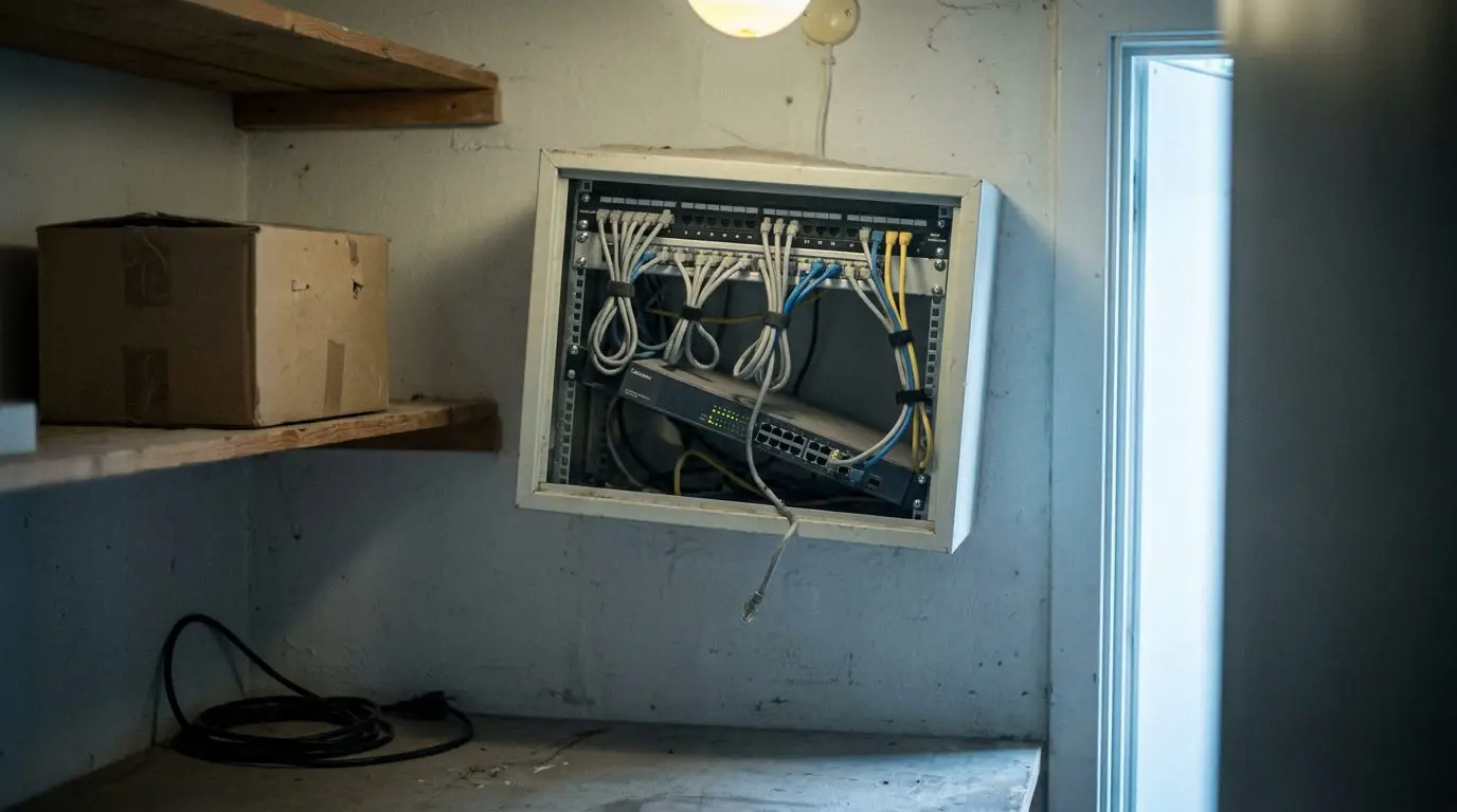 Netværksskab med patchpanel og kabler i et dansk kontors teknikrum