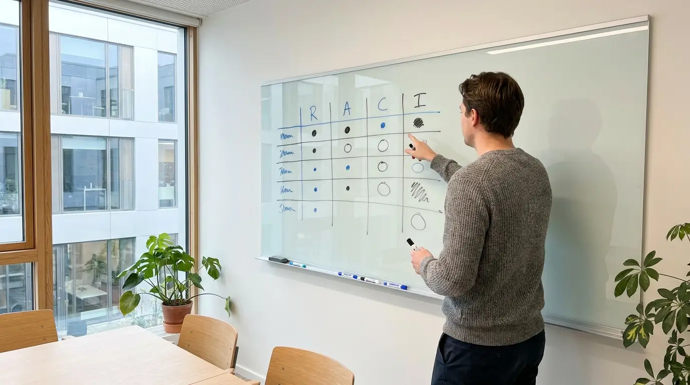 Whiteboard med RACI-model der viser ansvarsfordeling mellem IT-medarbejder og MSP