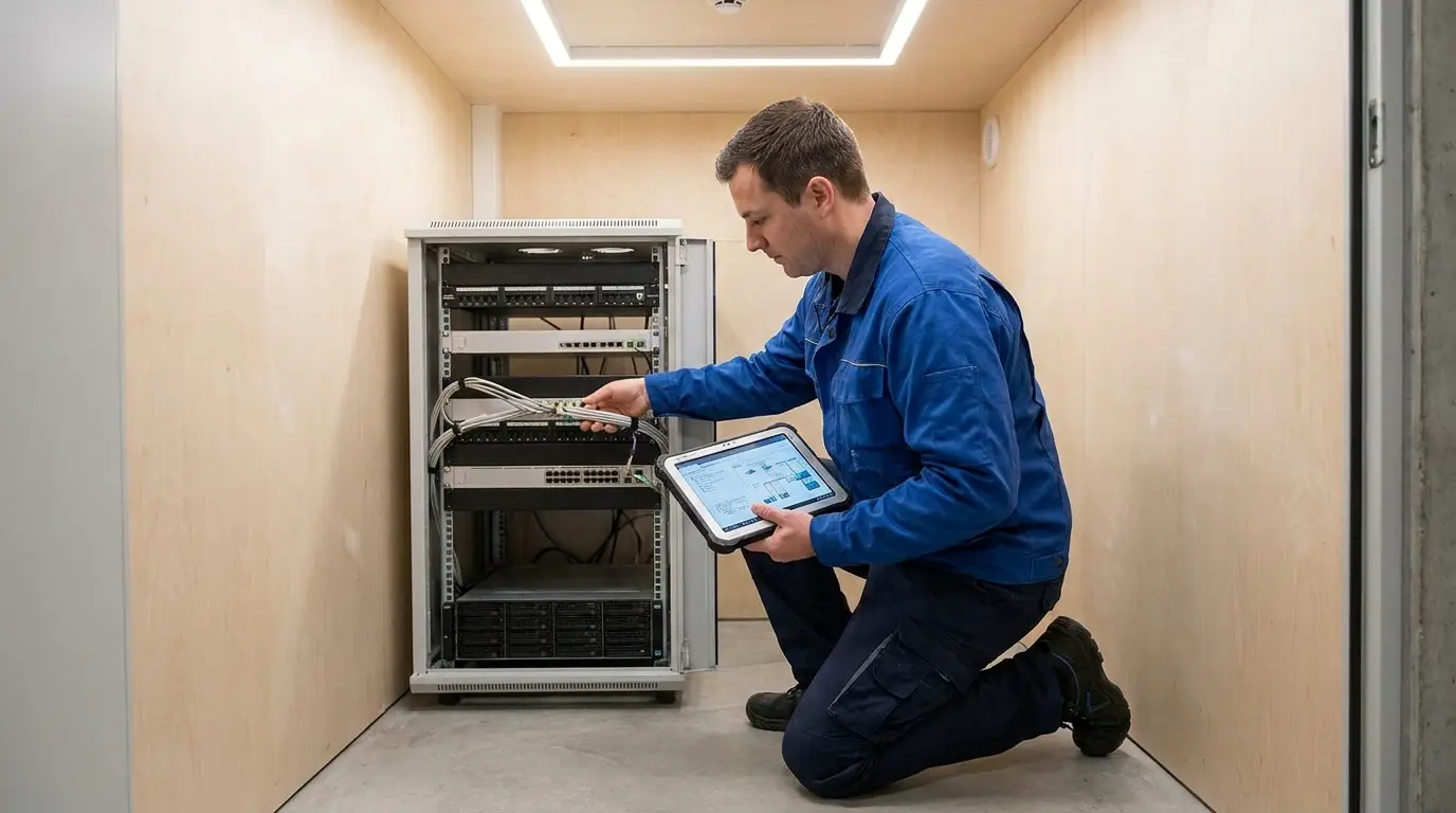 Tekniker tjekker serverudstyr som en del af den praktiske IT-drift i en dansk virksomhed