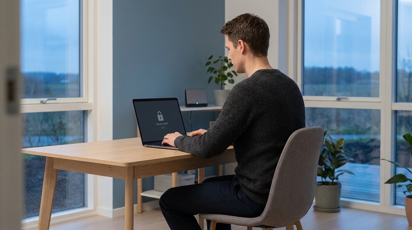 Medarbejder arbejder sikkert hjemmefra med bærbar computer og synligt netværksudstyr i baggrunden