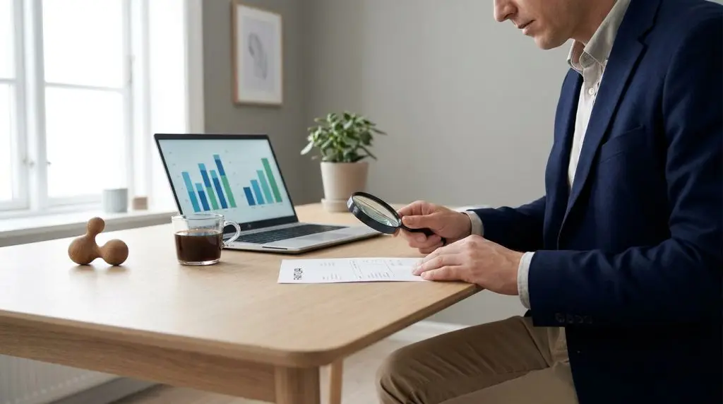 Konsulent gennemgår en IT serviceaftale faktura med lup på skrivebord i moderne kontor