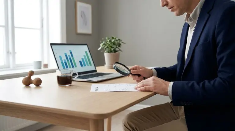 Konsulent gennemgår en IT serviceaftale faktura med lup på skrivebord i moderne kontor