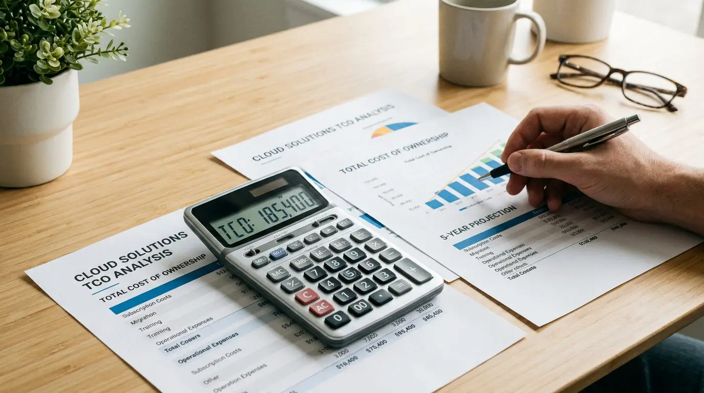 Tæt på en kalkulator og finansdokumenter, der viser TCO-beregning.