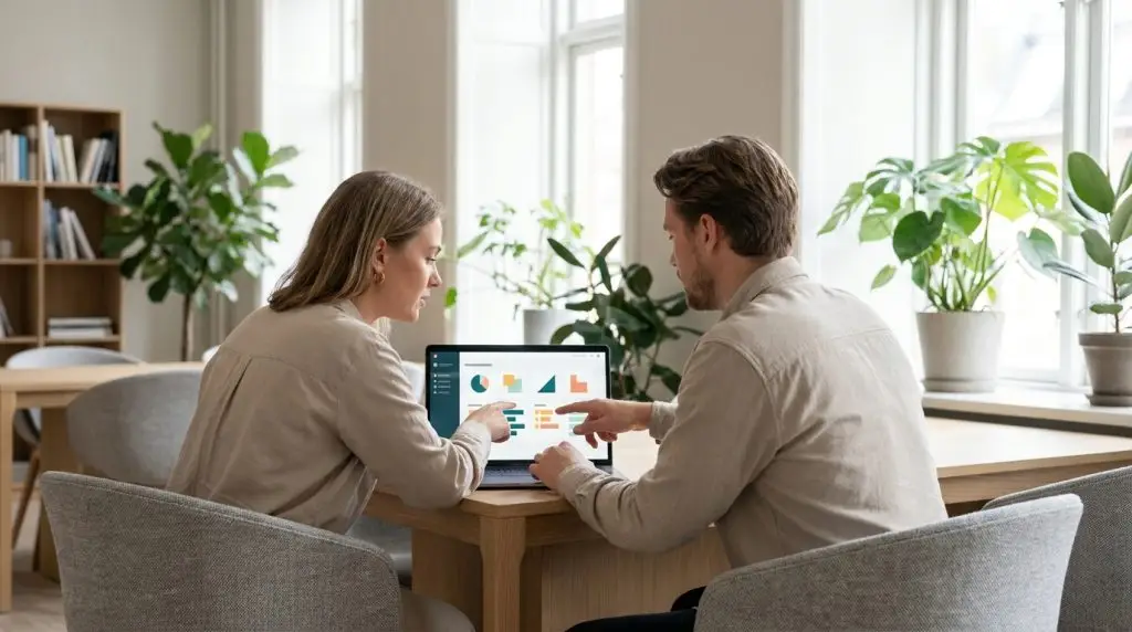 To kolleger på et dansk kontor sammenligner en IT helpdesk-løsning på en skærm