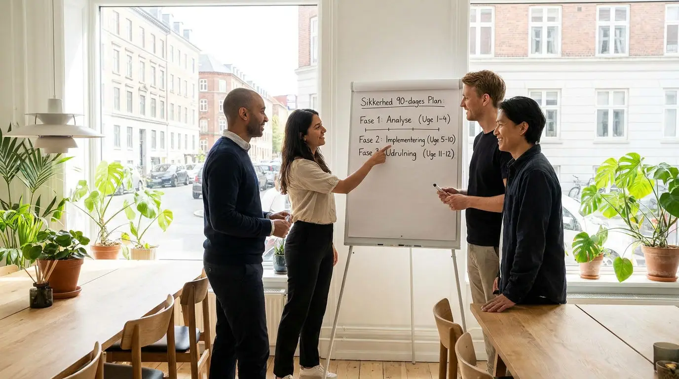 Team planlægger 90-dages plan for IT-sikkerhedskultur på whiteboard