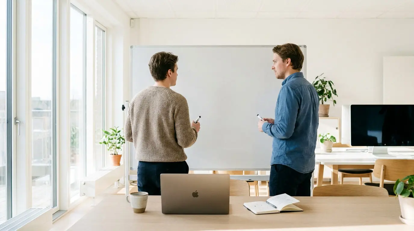 Kolleger diskuterer tre anskaffelsesmodeller for et ticketsystem til små virksomheder