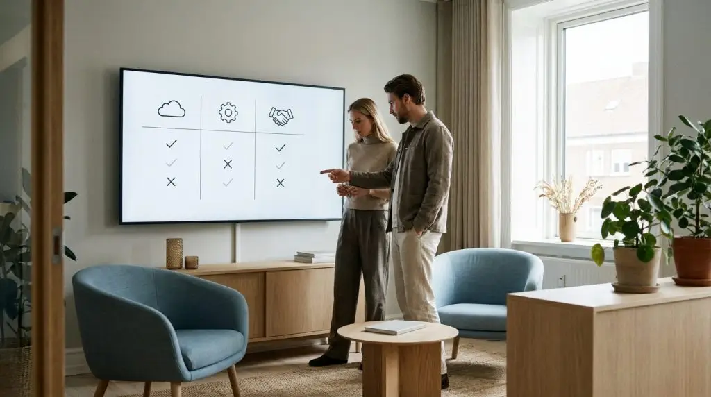 Team i nordisk kontor sammenligner modeller for helpdesk system på skærm
