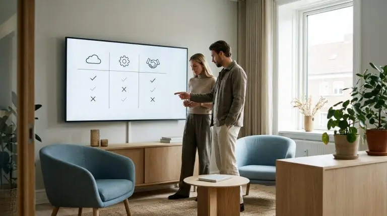 Team i nordisk kontor sammenligner modeller for helpdesk system på skærm