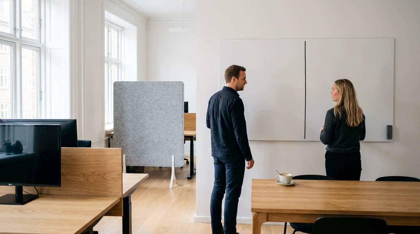 Medarbejdere gennemgår beslutningsmatrix for it support og it konsulent opgaver på whiteboard