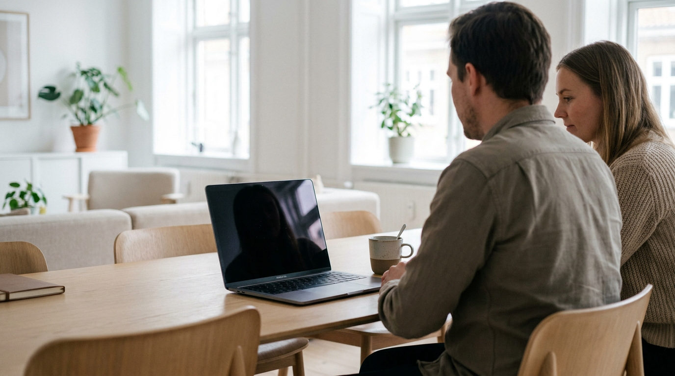 To medarbejdere i dansk kontormiljø diskuterer valg mellem business central vs dynamics 365 ved skærmen