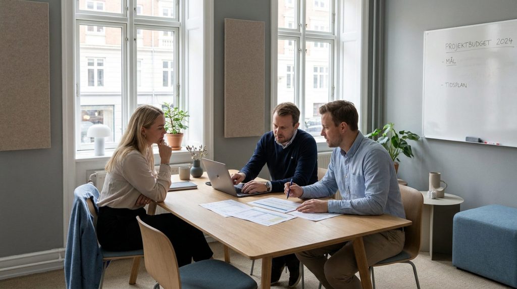 Team i dansk SMV-kontor gennemgår budget og tidsplan for Business Central pris