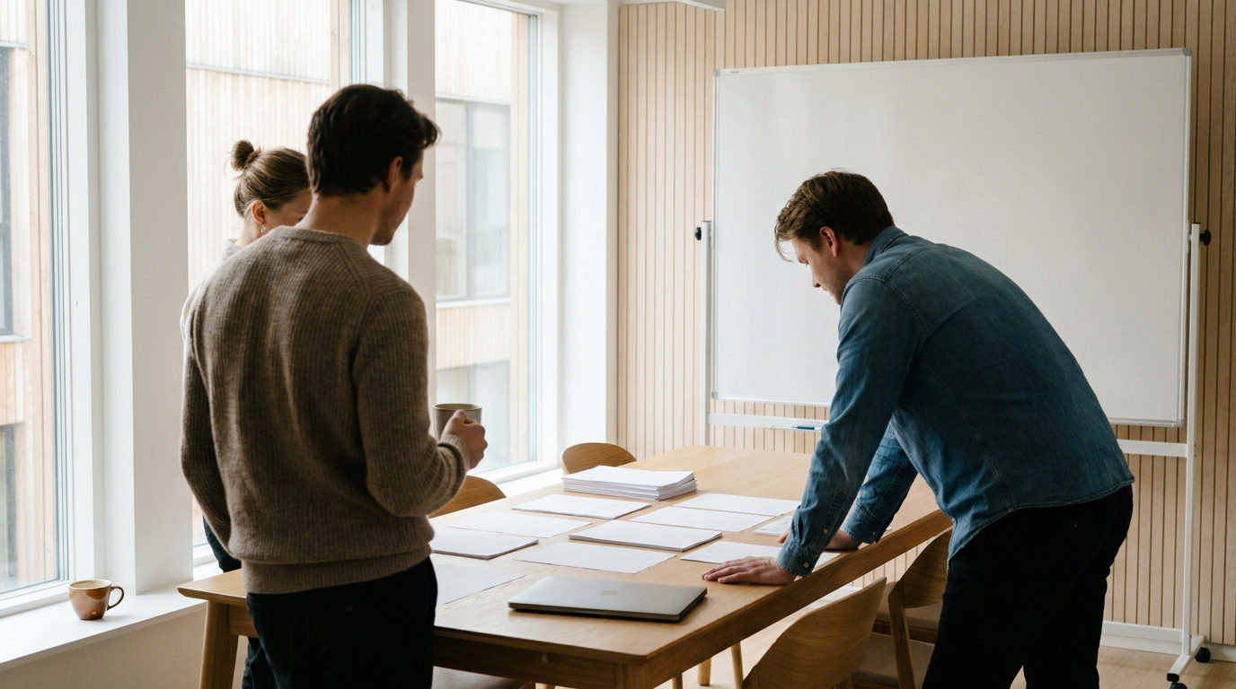 Team i dansk SMV-kontor gennemgår budget og tidsplan for Business Central pris