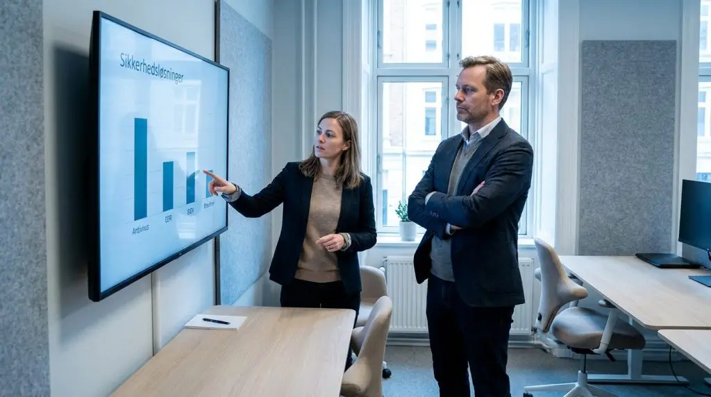 To it-ansvarlige i et dansk kontor diskuterer forskellen mellem EDR og antivirus som en ansvarsbeslutning