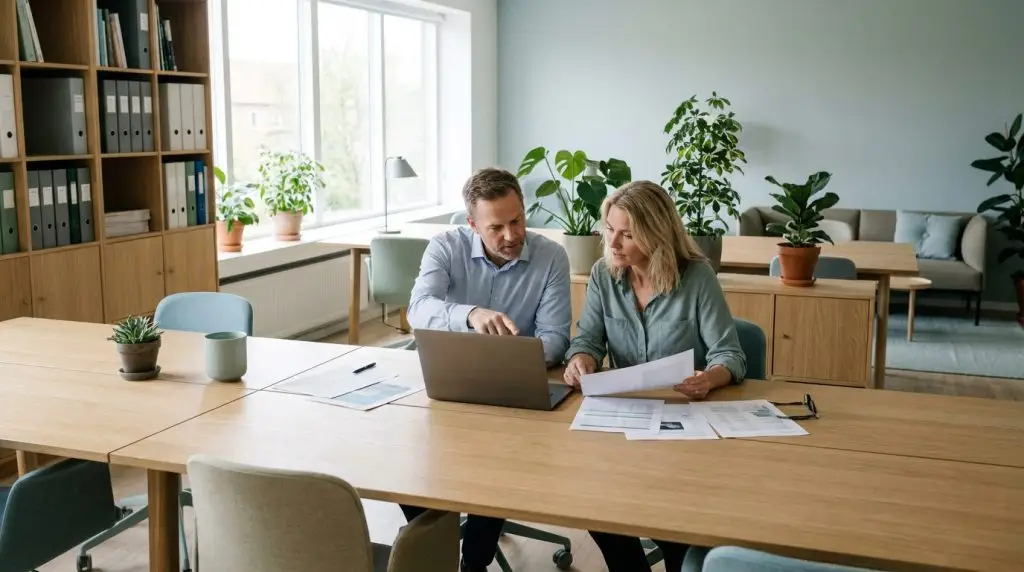 To kolleger gennemgår aftale om ekstern it support på kontoret