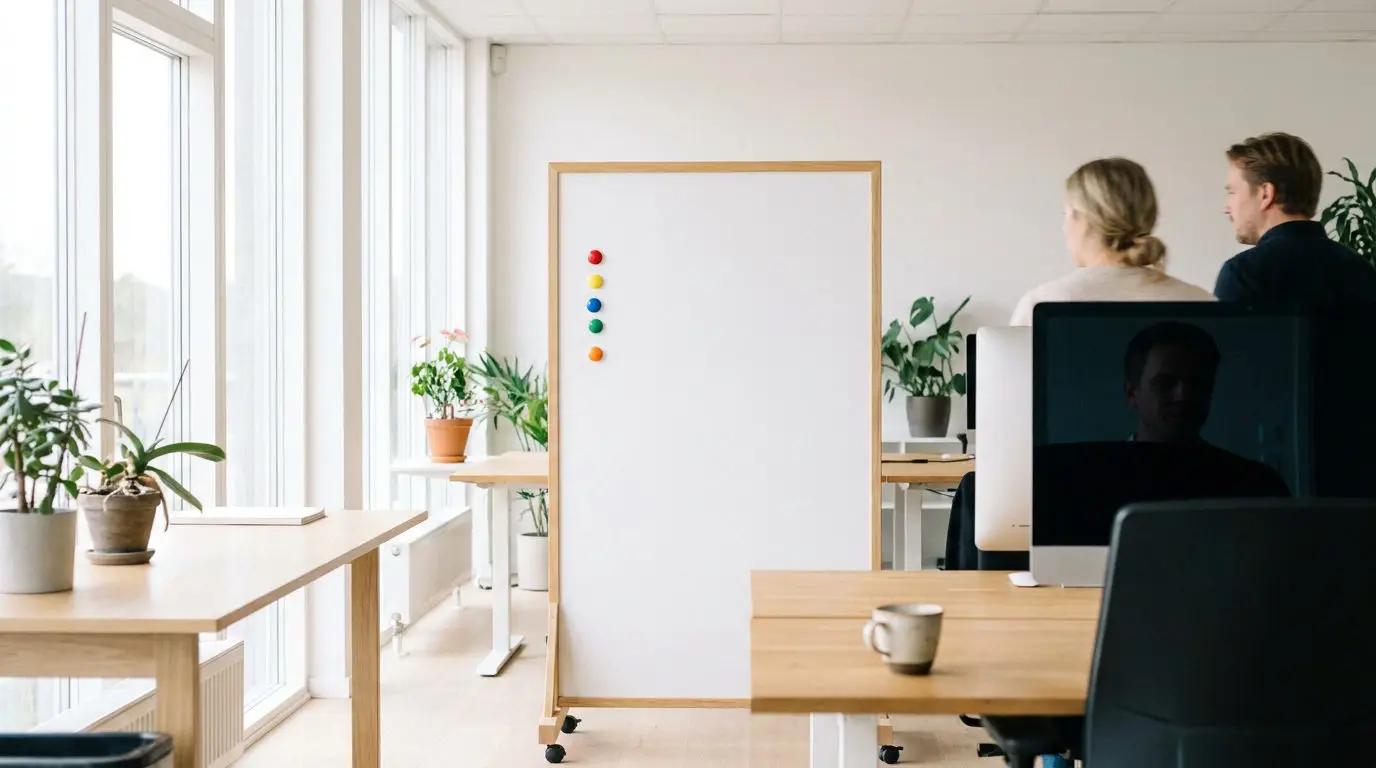 Whiteboard der illustrerer fem lag i it sikkerhed smv med scoringscirkler
