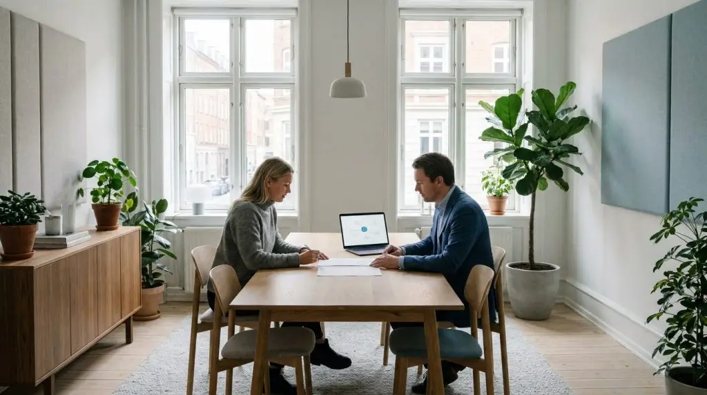 To medarbejdere gennemgår en it driftsaftale ved et mødebord på et dansk kontor