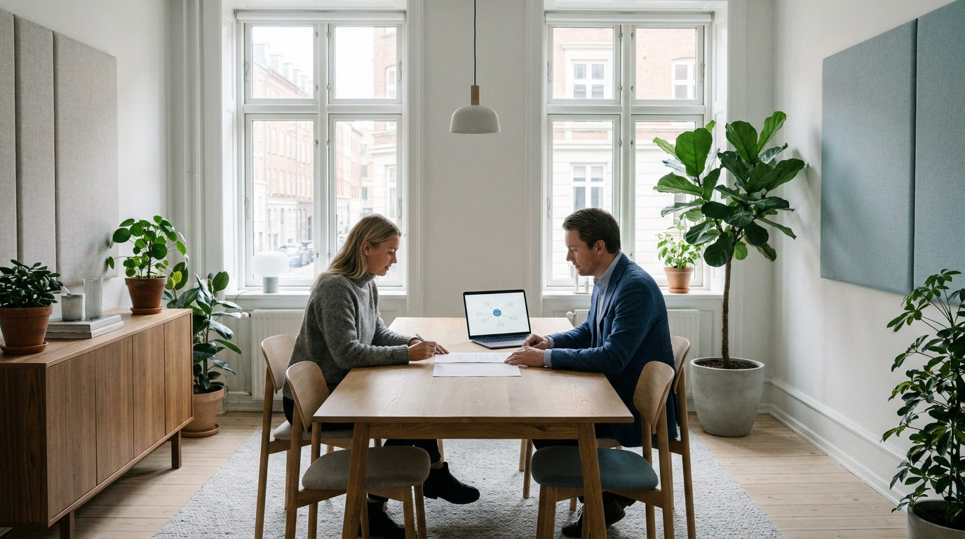 To medarbejdere gennemgår en it driftsaftale ved et mødebord på et dansk kontor