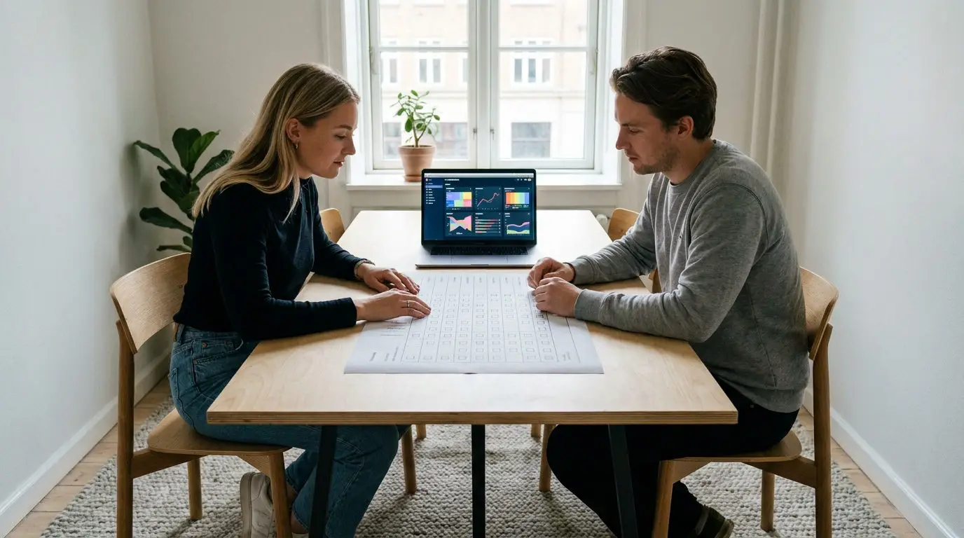 To medarbejdere gennemgår en behovsmatrix for it-support i et lille dansk kontor