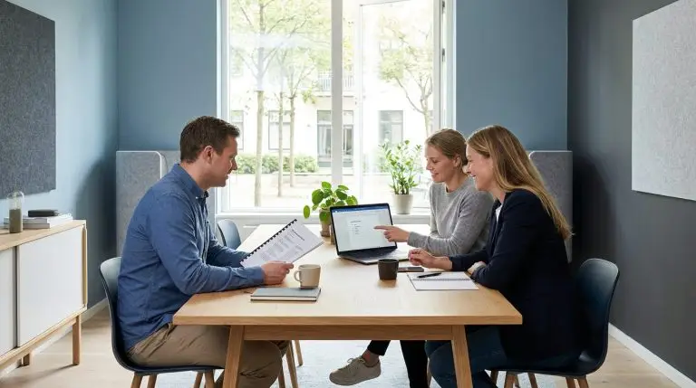 Medarbejdere i et dansk kontor gennemgår sammen en it sikkerhedspolitik i skabelonform