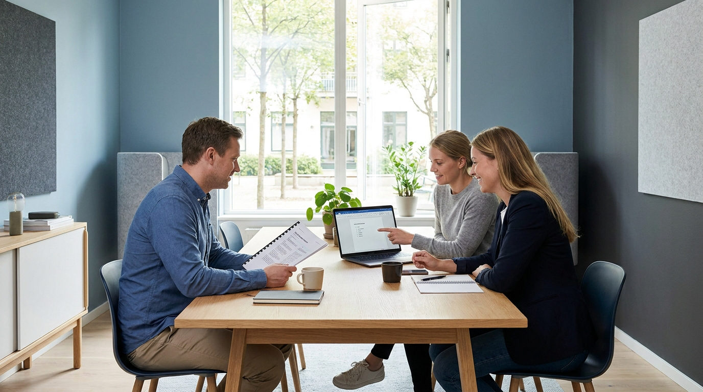 Medarbejdere i et dansk kontor gennemgår sammen en it sikkerhedspolitik i skabelonform