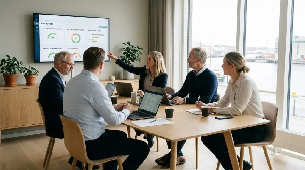 Ledelsesgruppe i dansk kontor diskuterer opbygning af IT-sikkerhedskultur