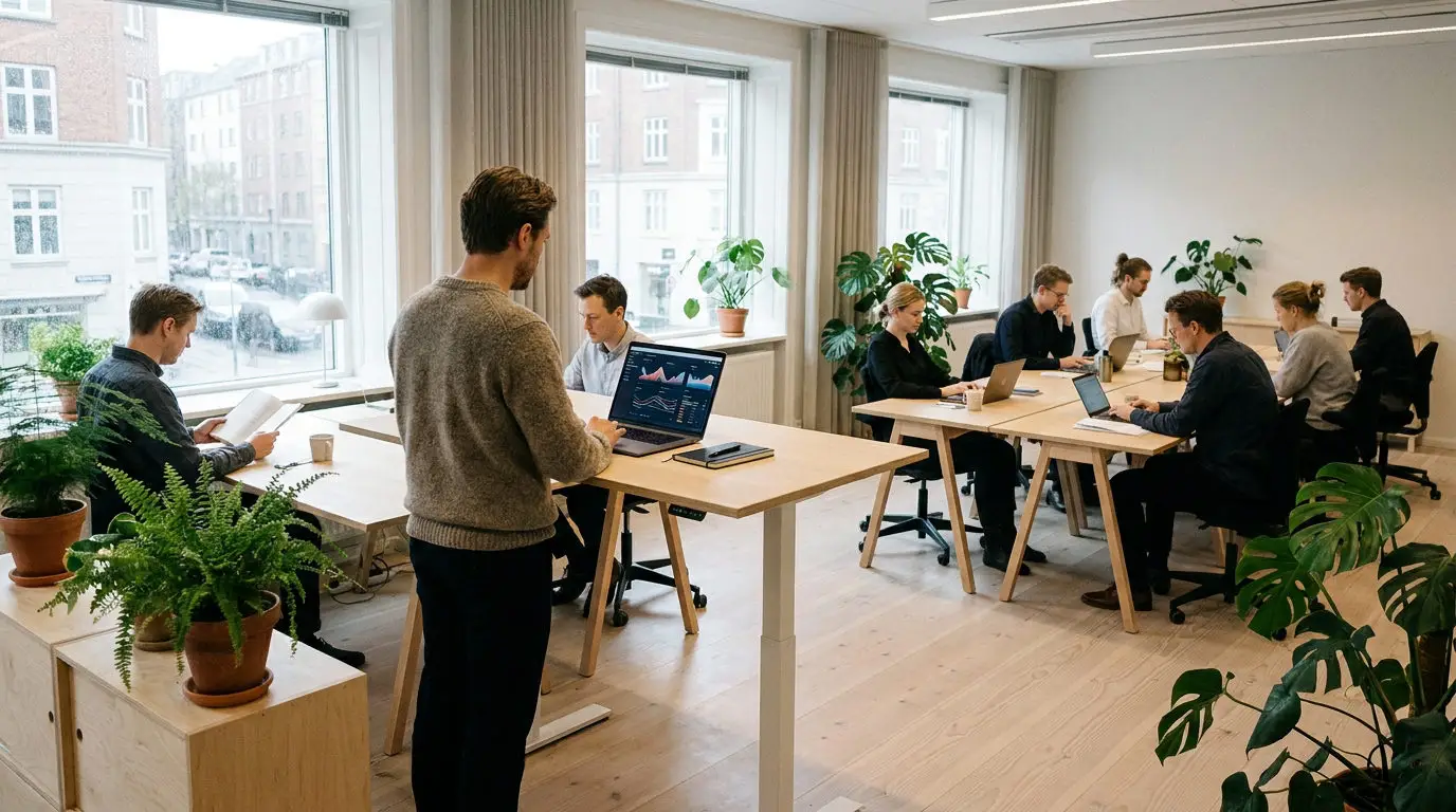 Lille dansk kontor med medarbejdere der arbejder, illustrerer behovet for it-support til små virksomheder