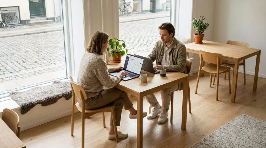 To medarbejdere gennemgår Microsoft 365 support ansvarsfordeling på en bærbar computer i et lyst kontor