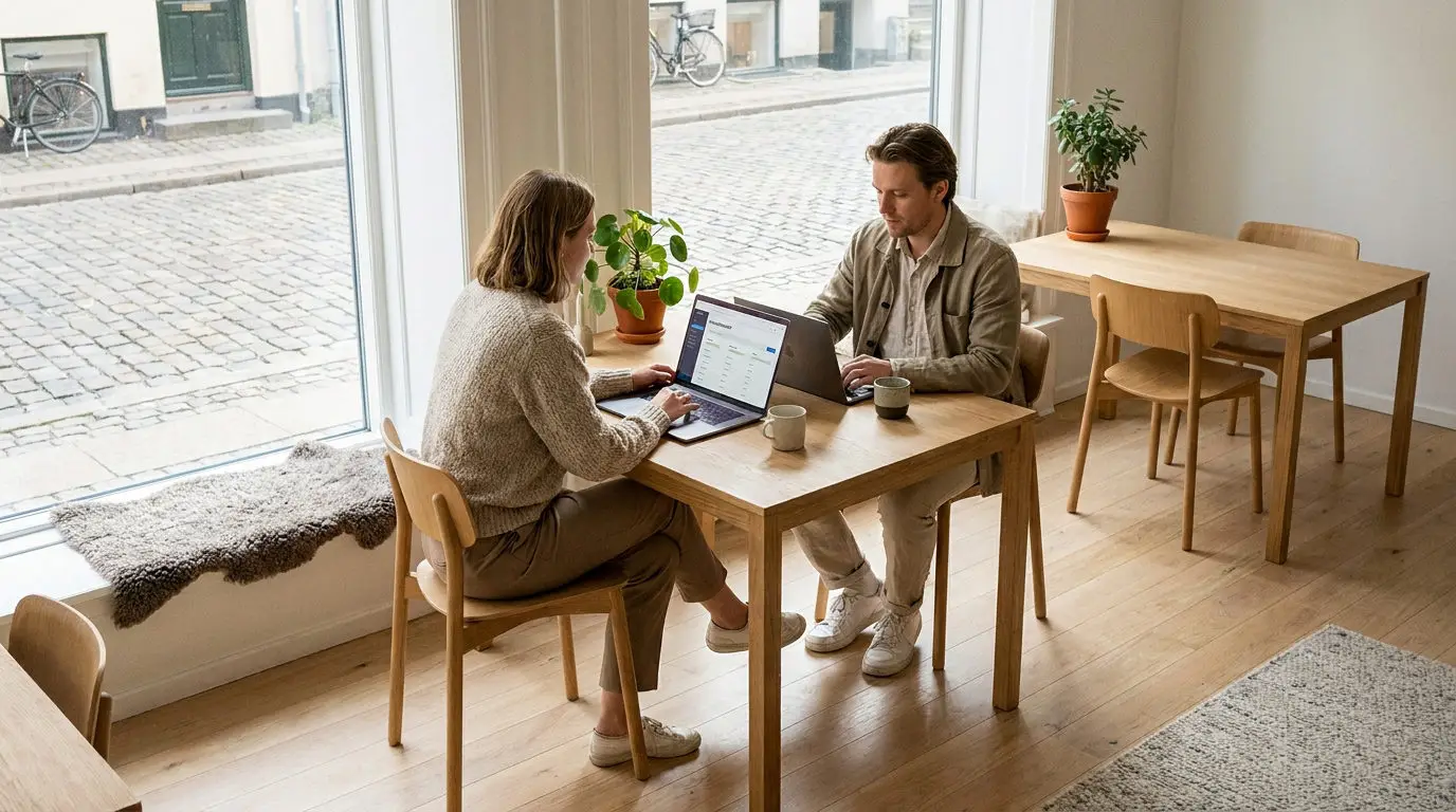 To medarbejdere gennemgår Microsoft 365 support ansvarsfordeling på en bærbar computer i et lyst kontor