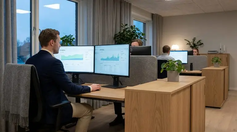 IT-sikkerhedsmedarbejder overvåger SOC-dashboard for MSSP-abonnement i moderne dansk kontor