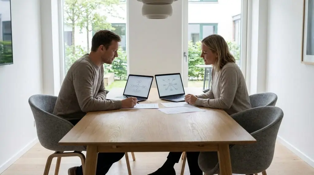 To fagfolk gennemgår aftale om outsourcing af it afdeling ved mødebord