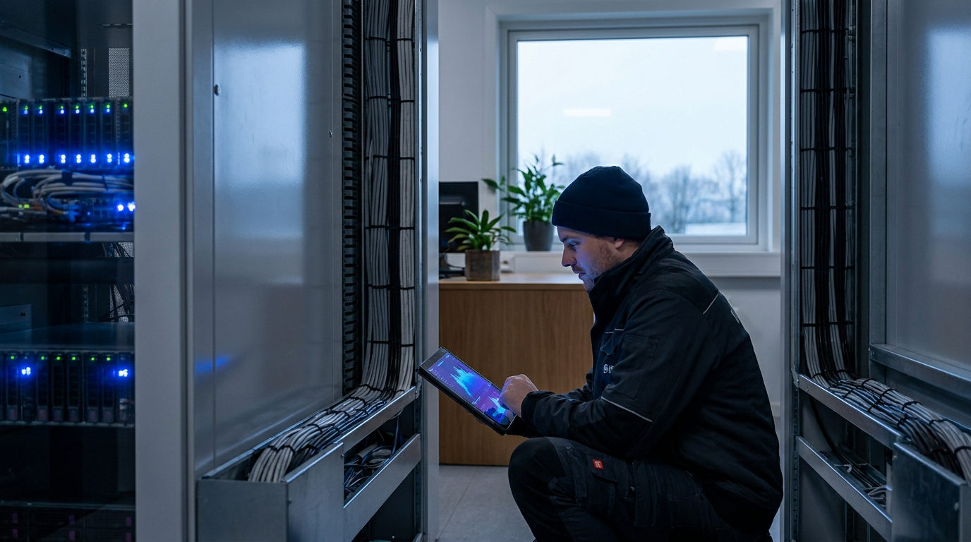 Tekniker overvåger serverdrift og sikkerhedsalarmer i mindre virksomheds serverrum