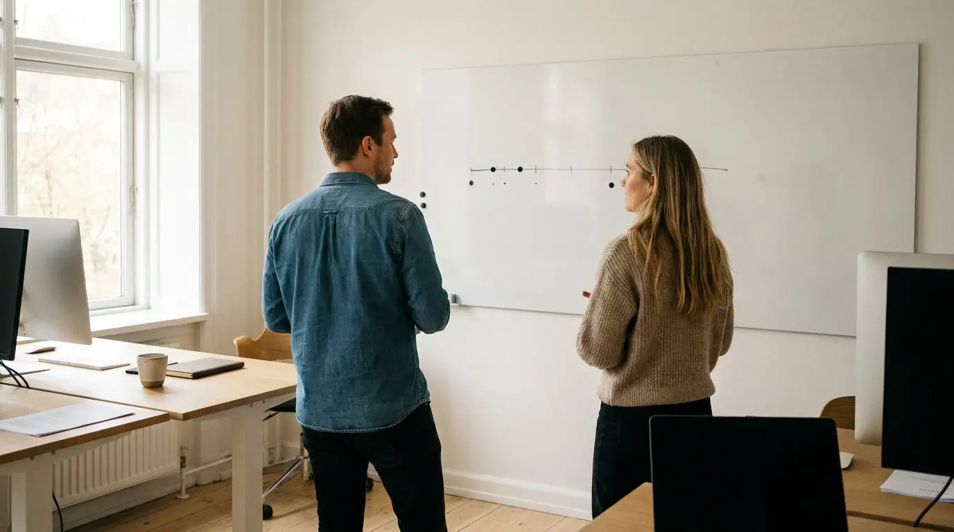 Ugebaseret tidsplan for implementering af Business Central præsenteret på whiteboard