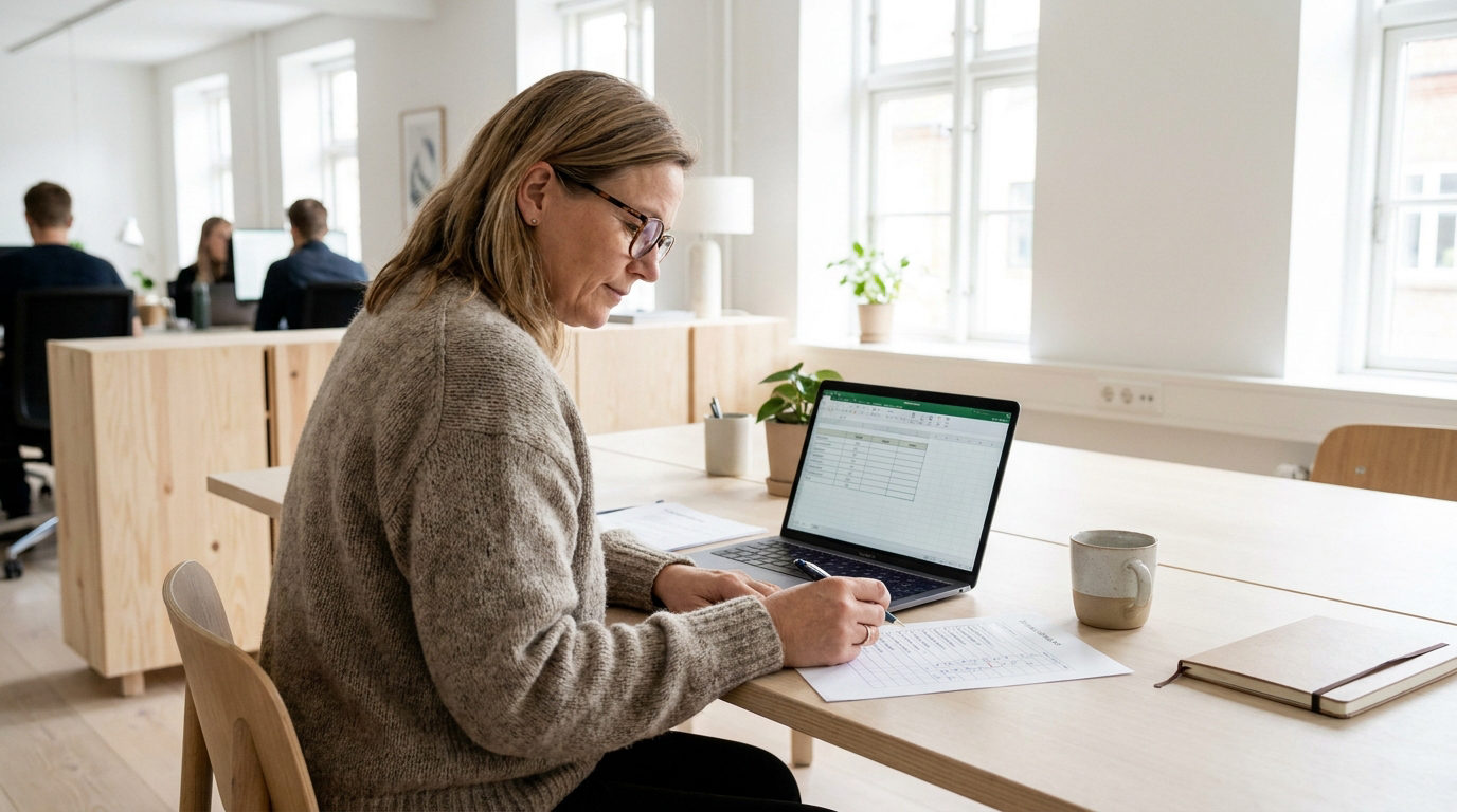Medarbejder krydser tjeklistepunkter af for en it driftsaftale i et dansk kontormiljø