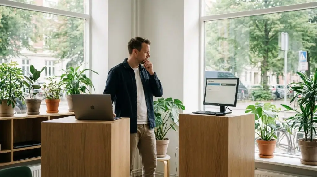 IT-medarbejder overvejer valget mellem helpdesk og it servicedesk i et nordisk kontormiljø