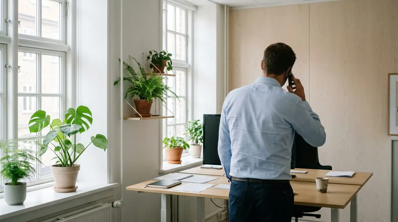 IT-medarbejder overvejer valget mellem helpdesk og it servicedesk i et nordisk kontormiljø