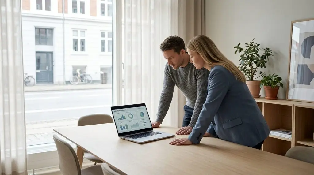 To kontormedarbejdere vurderer Dynamics 365 leverandørens driftskapacitet på en skærm