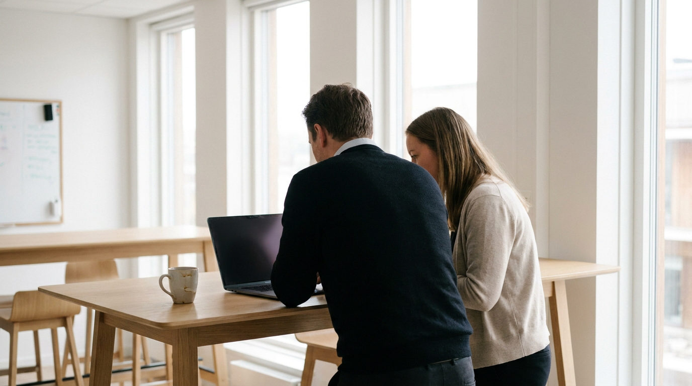 To kontormedarbejdere vurderer Dynamics 365 leverandørens driftskapacitet på en skærm