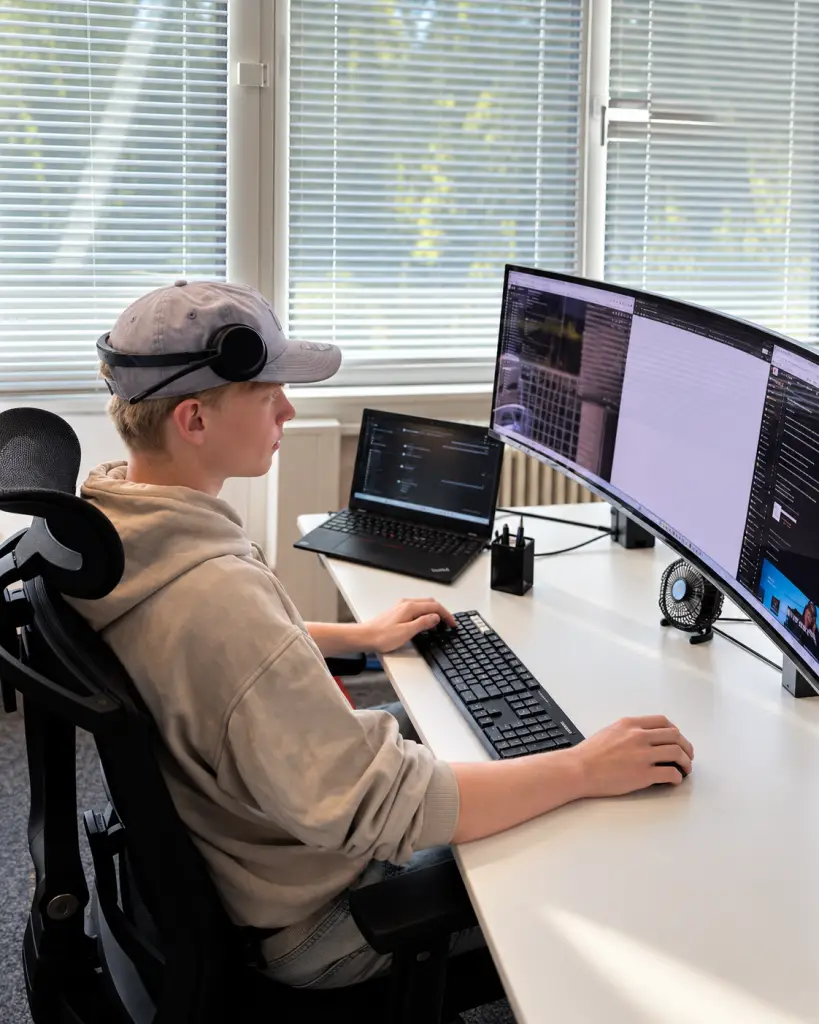 IT-supporter yder personlig hjælp til kunde ved skrivebordet
