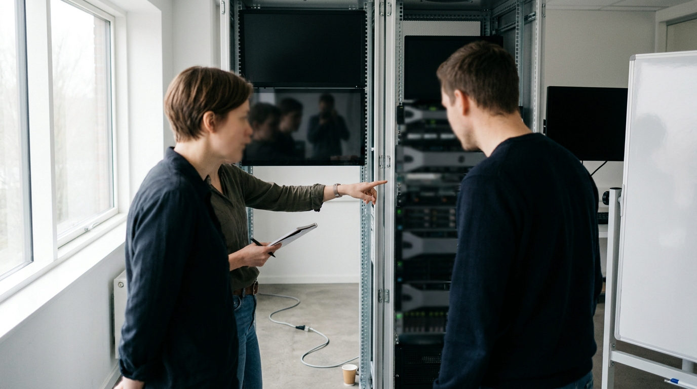 To kolleger undersøger IT-udstyr og netværk i et serverrum under en IT-gennemgang