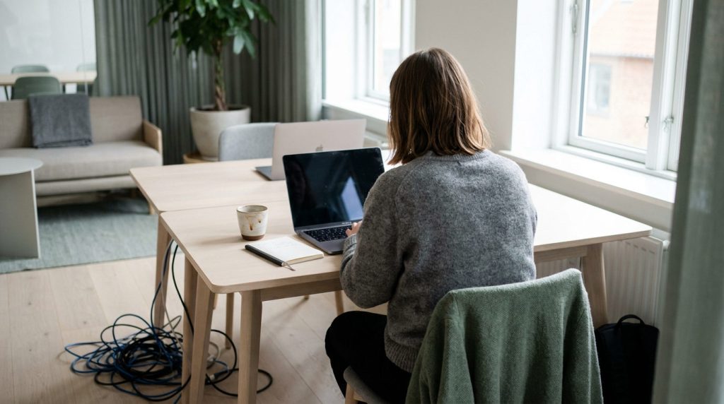 Medarbejder arbejder ved skrivebord med kabler og computer i et dansk kontormiljø, symbol på almindelige IT-problemer i SMV'er