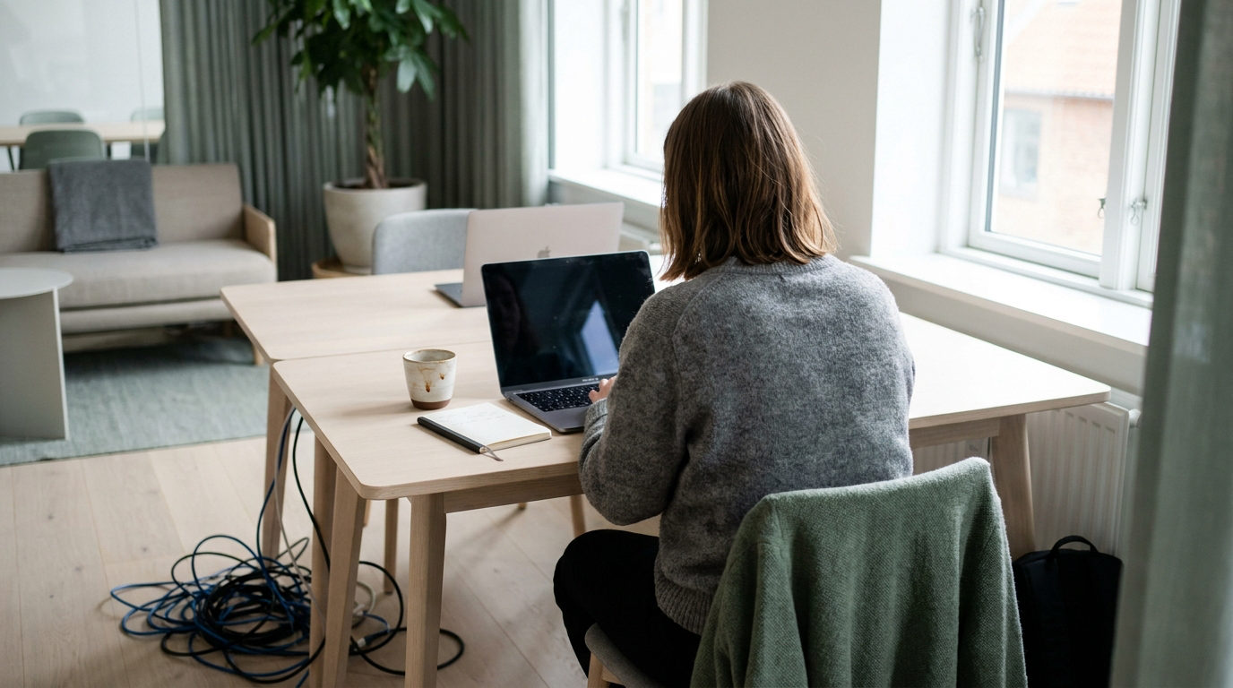 Medarbejder arbejder ved skrivebord med kabler og computer i et dansk kontormiljø, symbol på almindelige IT-problemer i SMV'er
