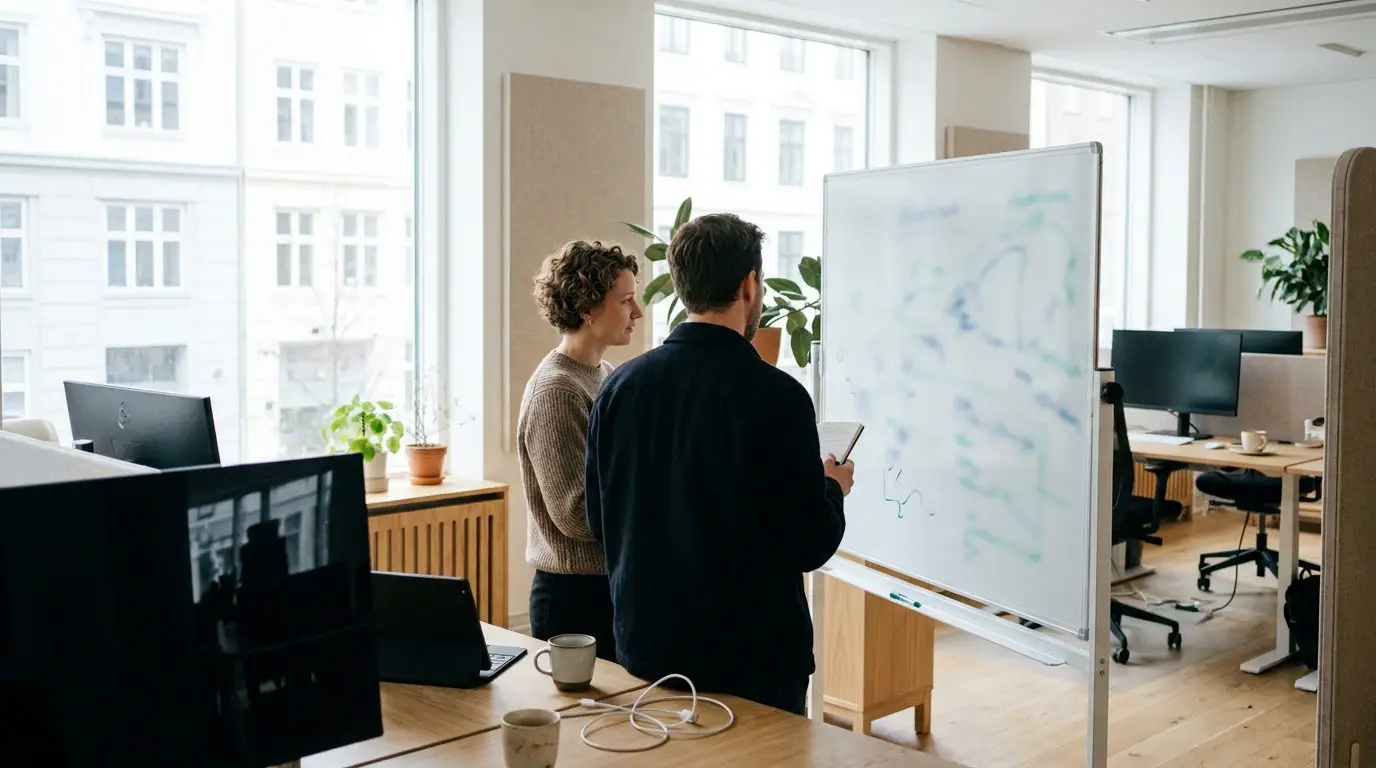 To kolleger diskuterer IT-serviceniveauer ved en tavle uden læsbar tekst