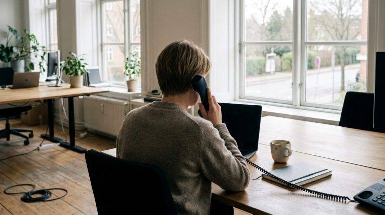 Medarbejder i dansk kontor taler i telefon med IT-support mens skærmen er vendt væk