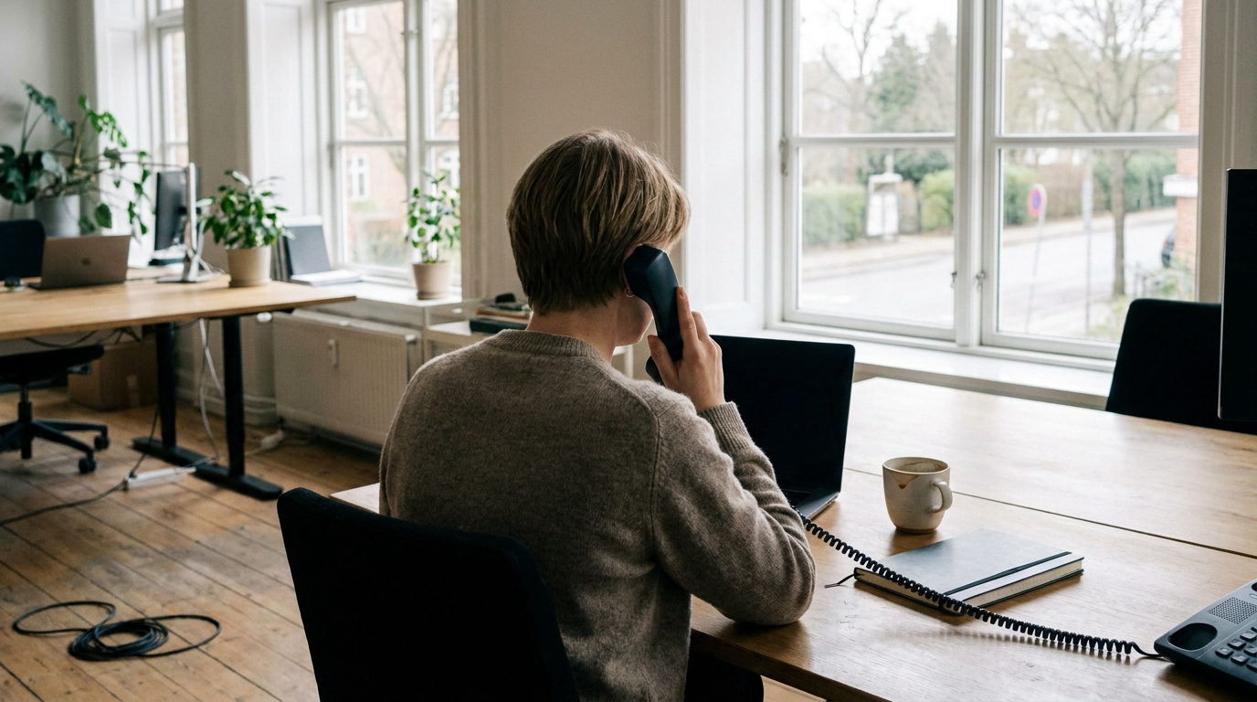 Medarbejder i dansk kontor taler i telefon med IT-support mens skærmen er vendt væk
