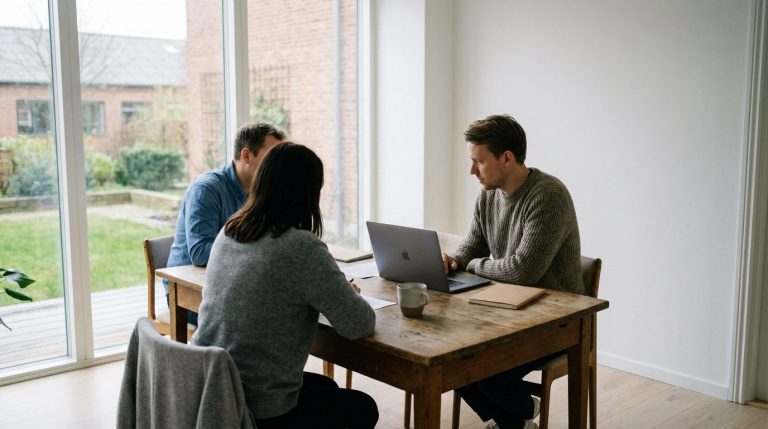 Ledelsesteam i dansk kontor drøfter cloud-strategi omkring et bord
