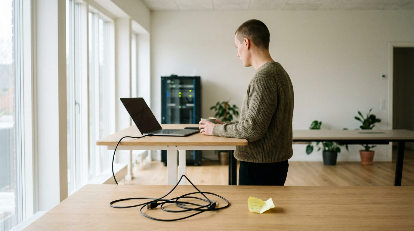 Medarbejder arbejder ved stående skrivebord med serverrack sløret i baggrunden