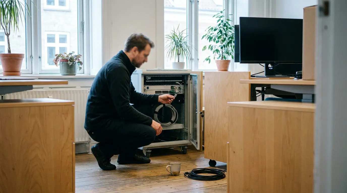 Tekniker udfører fysisk IT-service hos lokal SMV i Brøndby-området