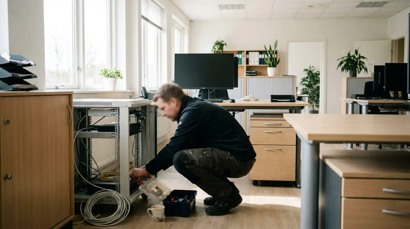 IT-tekniker udfører onsite-support i et lille kontormiljø på Vestegnen