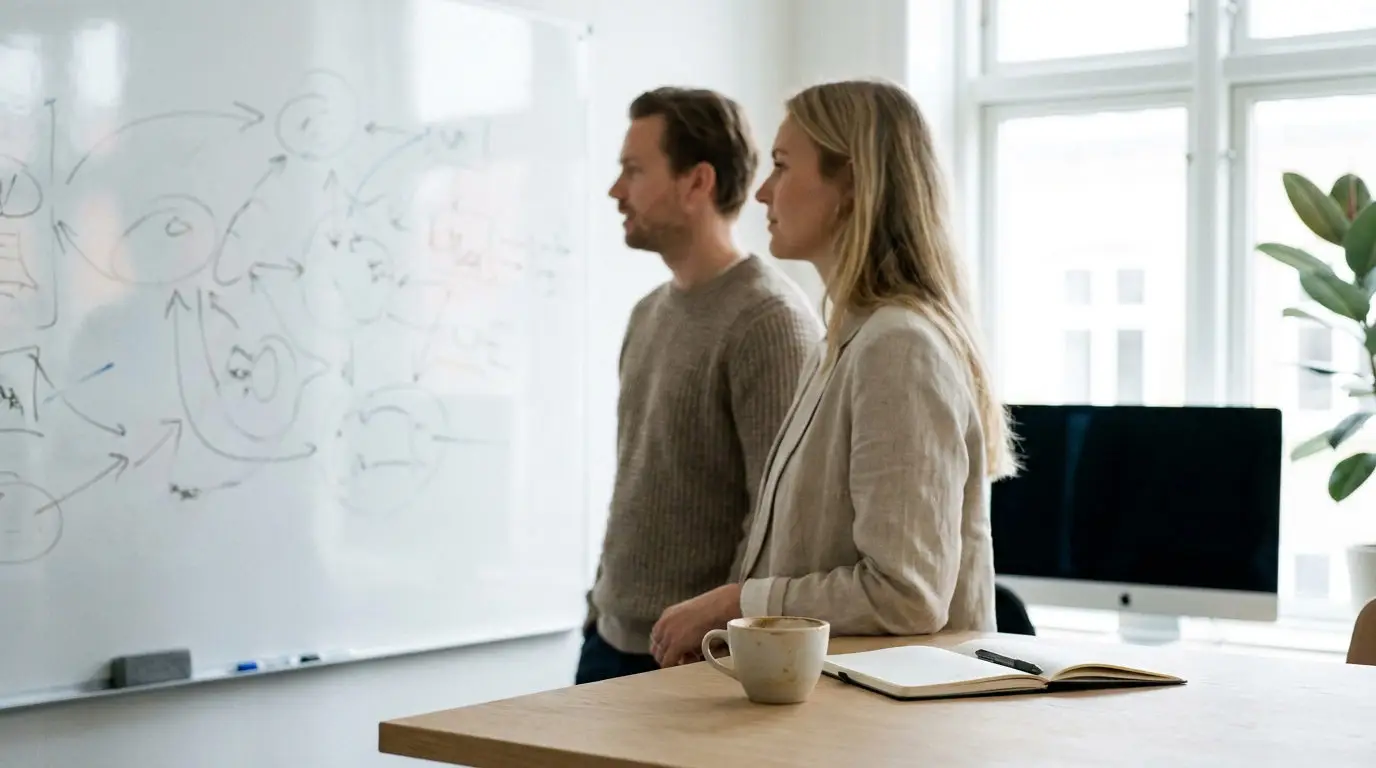 Kolleger drøfter styringsmodel for IT-support ved whiteboard med diagrammer